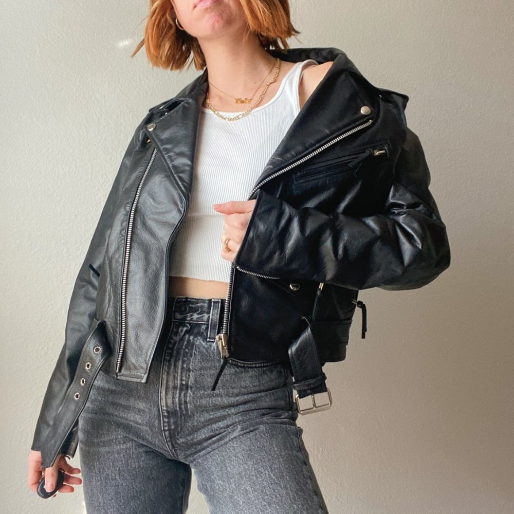 Vintage 1990s FMC Black 100% Leather Moto Biker Belted Jacket